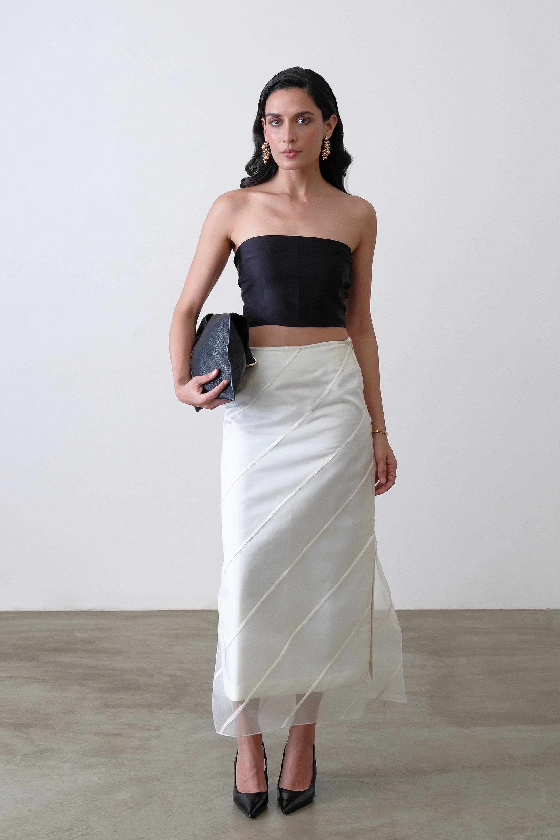 Ivory organza and poly viscose blend midi skirt with satin stripe detail