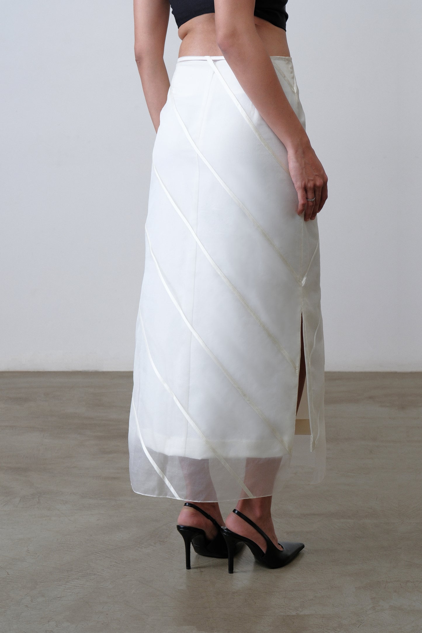Ivory organza and poly viscose skirt, back view with layered overlay