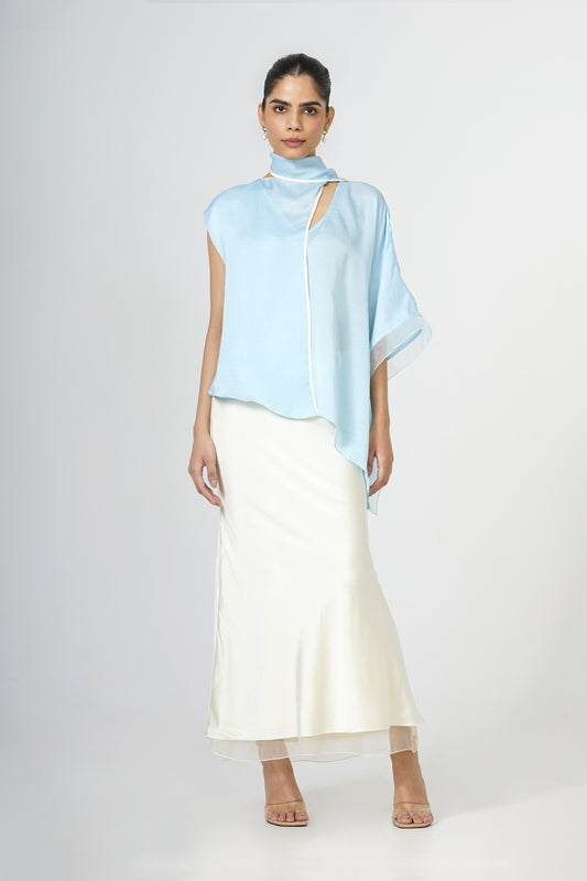 powder blue satin draped scarf top