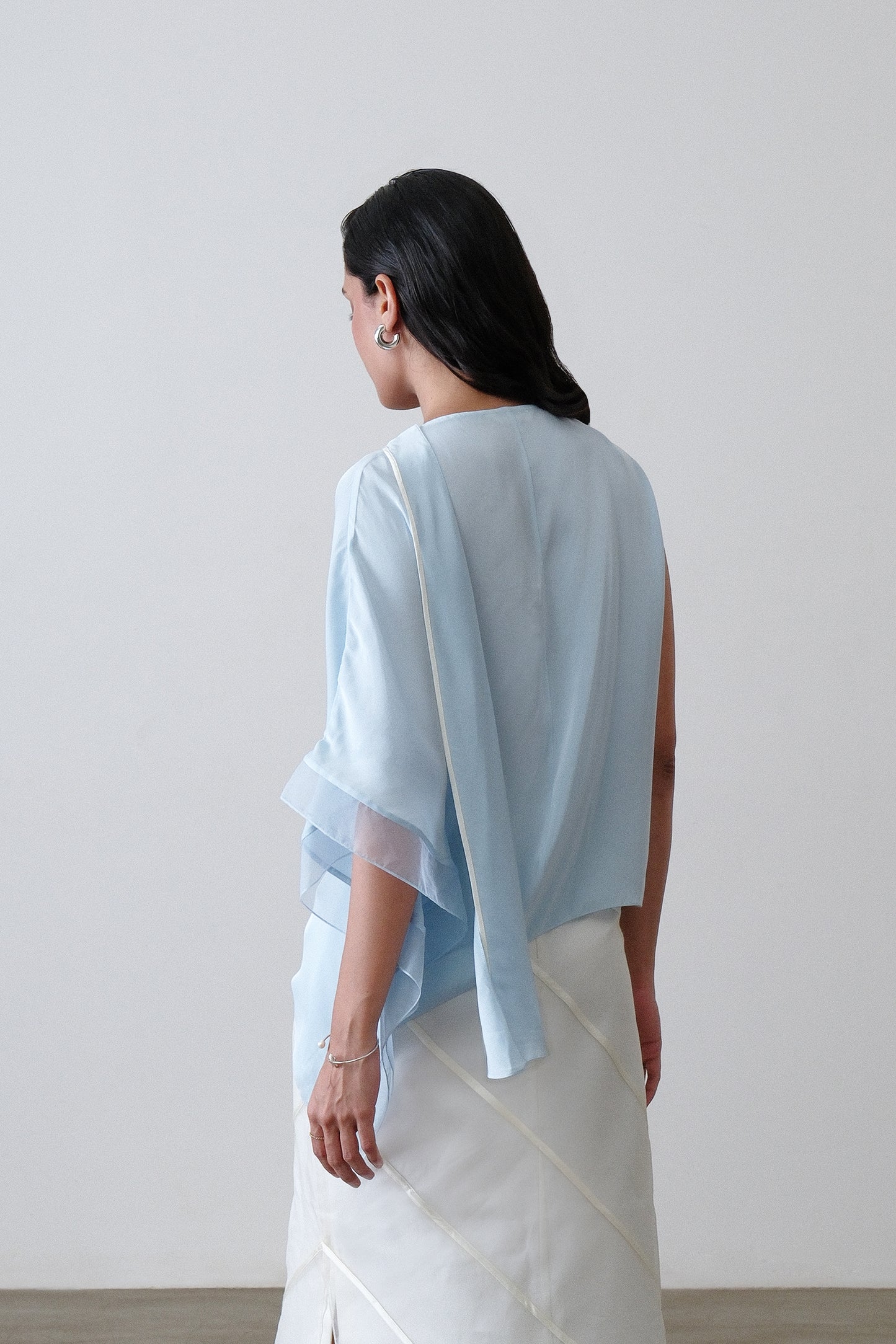 Powder blue silk satin georgette top, back view with draped scarf and organza detail