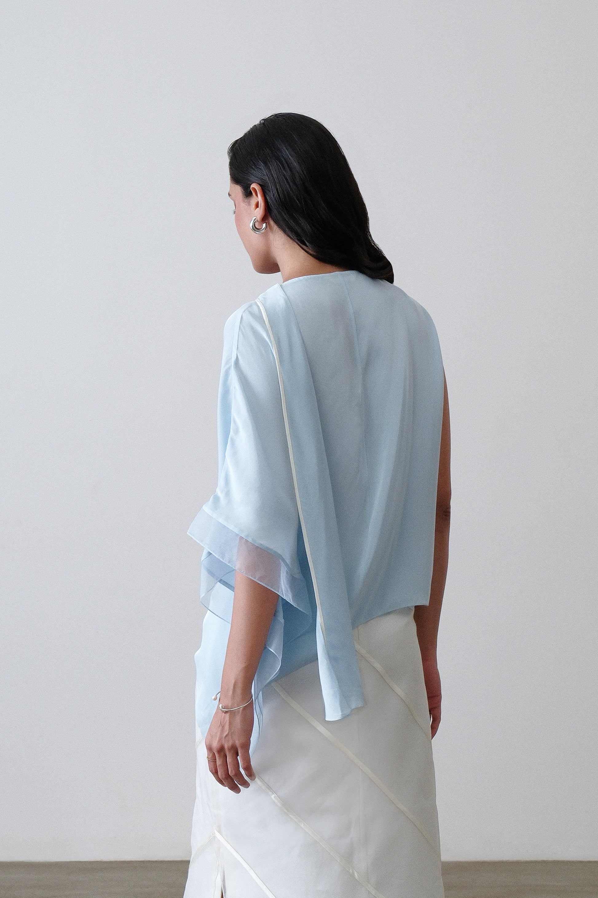 Powder blue silk satin georgette top, back view with draped scarf and organza detail