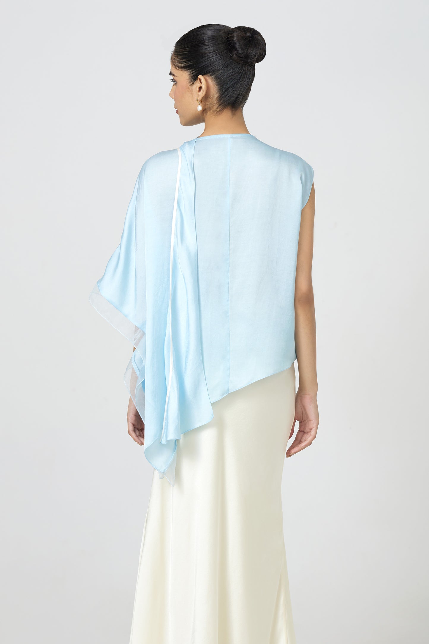 powder blue satin draped scarf top