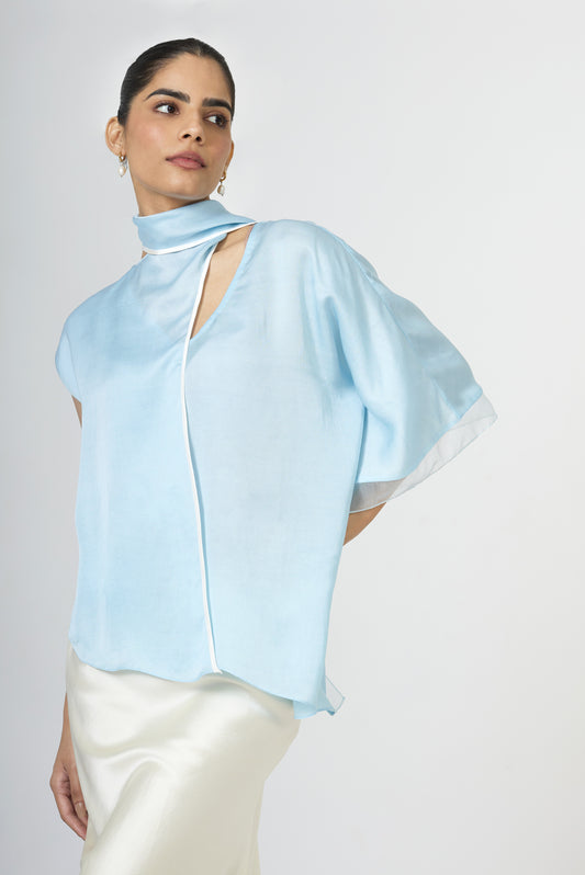 powder blue satin draped scarf top